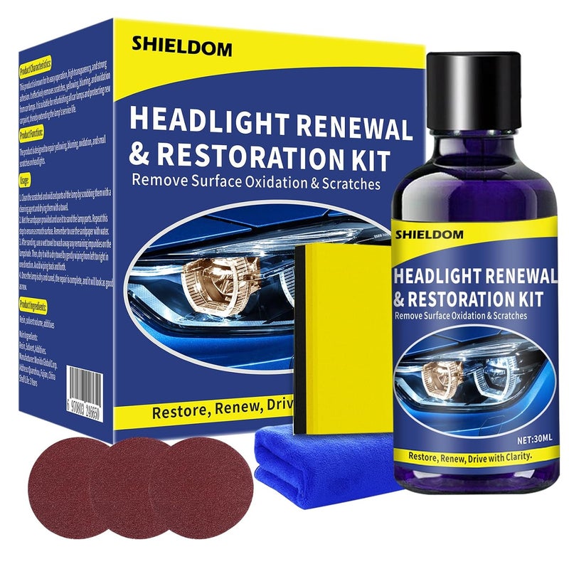 SHIELDOM Car Ceramic Headlight Restoration Kit, Professional Oxidation Removal Headlamp Cleaner & Restorer Solution for Foggy Cloudy Lens Polishing Renewal Tool with 3xSandpaper 1xFoam 1xTowel -30ml - Image 1